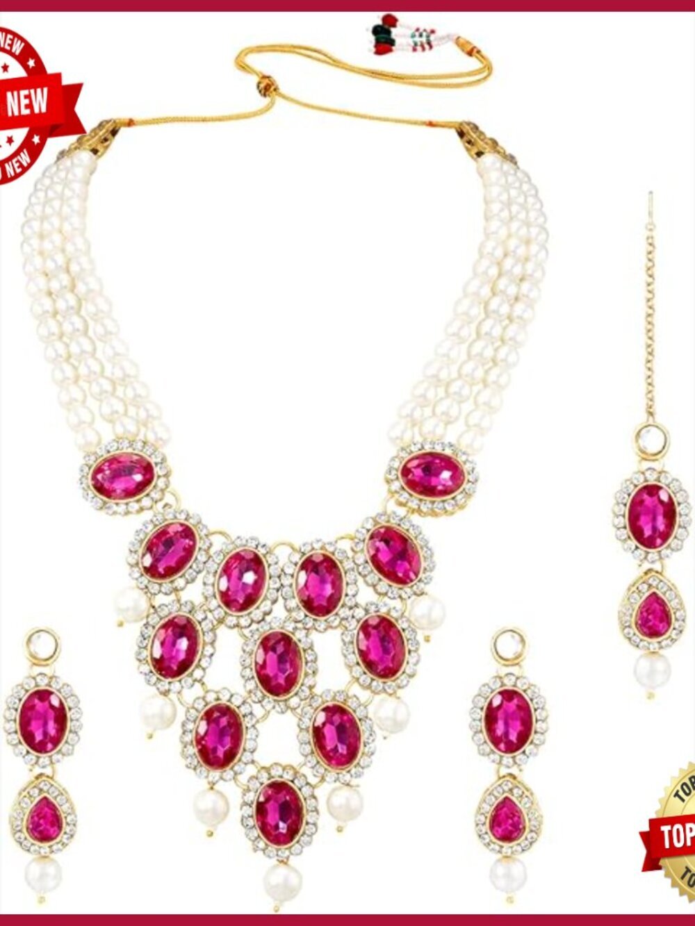 Traditional Pearl Necklace Set with Drop Earrings & Maang Tikka